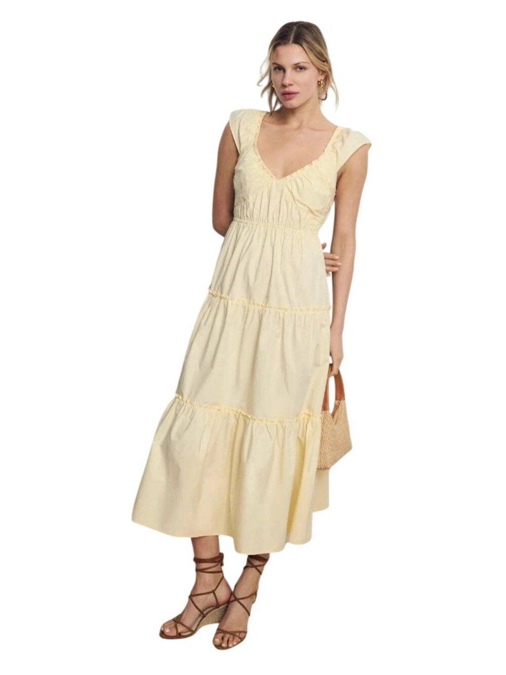 Derek Lam 10 Crosby x RTR Tiered V-Neck Dress in Butter yellow 4 Womens
